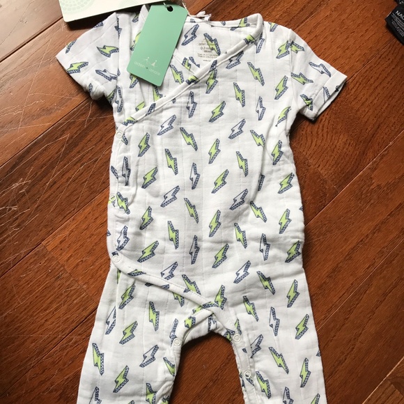 Aden Anais Baby Boy Short Sleeve Kimono Coverall~ White with Lighning Bolt Print